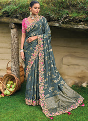 Dark Grey and Rani Multi Embroidery Silk Saree