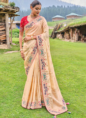 Light Yellow and Red Multi Embroidery Silk Saree
