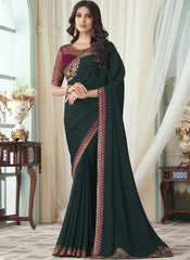 Dark Green and Maroon Embroidered Silk Saree - nirshaa