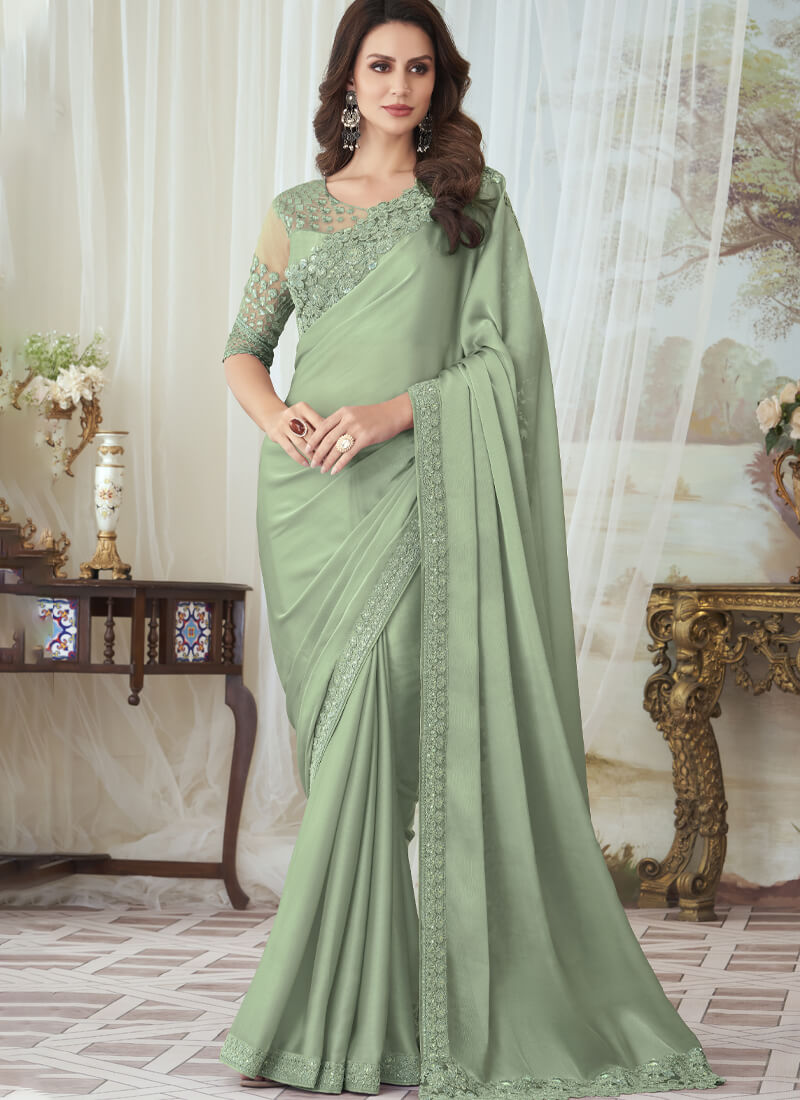 Dusty Green Embellished Fancy Georgette Saree - nirshaa
