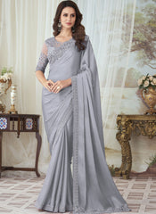 Charming Grey Embellished Fancy Georgette Saree - nirshaa