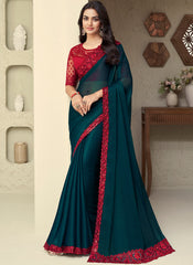 Blue and Red Party Wear Shine and Shadow Silk Saree