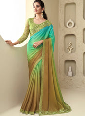 Shaded Green , Blue and Brown Party Wear Milano Silk Saree