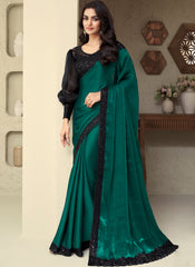 Rama Green and Black Party Wear Glass and Soft Silk Saree