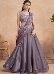 Metallic Purple Embellished Ready to Wear Satin Lehenga Style Saree - nirshaa