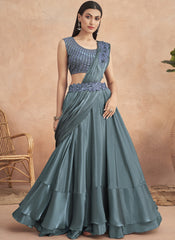 Metallic Grey Embellished Ready to Wear Satin Lehenga Style Saree - nirshaa