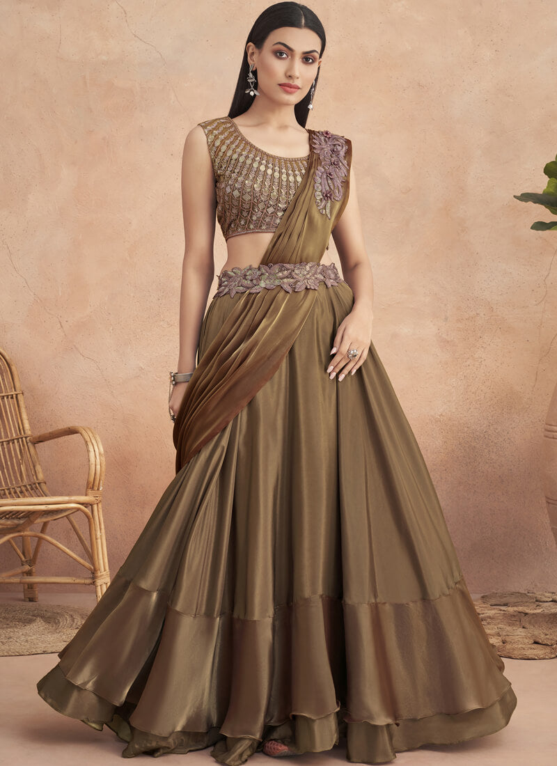 Metallic Brown Embellished Ready to Wear Satin Lehenga Style Saree - nirshaa