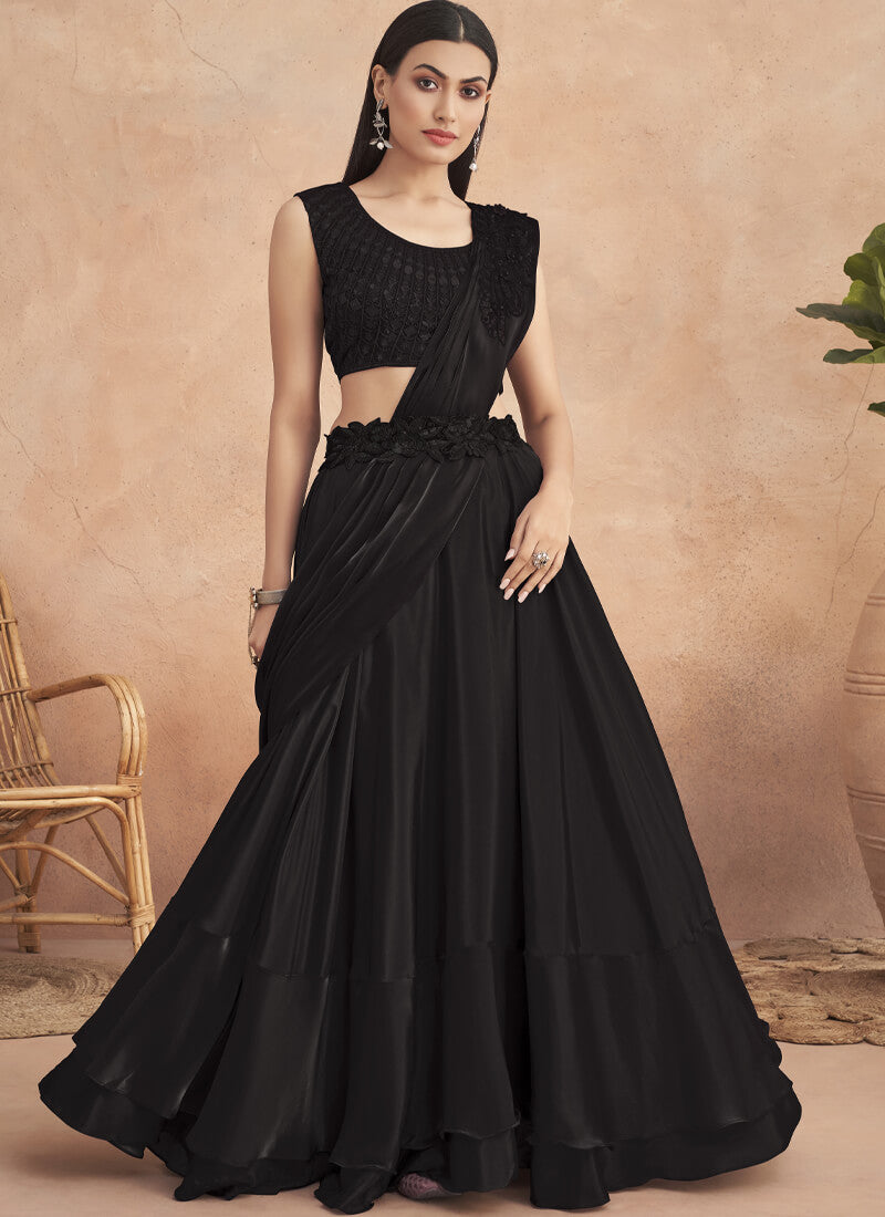 Black Embellished Ready to Wear Satin Lehenga Style Saree - nirshaa