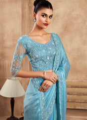 Light Blue Embroidered Chiffon Silk Saree