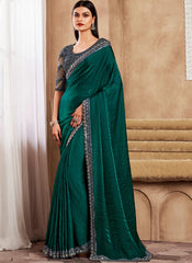 Teal Green Embroidered Cherry Silk Saree