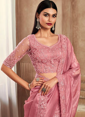 Pink Embroidered Shine And Silk Saree