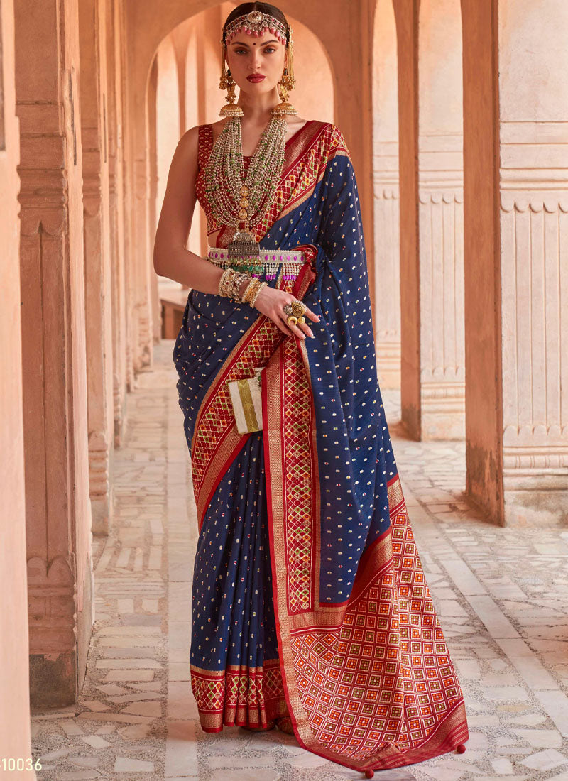 Elegant Blue and Red Patola Silk Saree - nirshaa