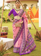 Woven Pink and Purple Patola Print Silk Saree
