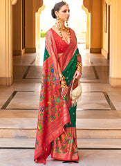 Woven Dark Green and Red PV-Silk Saree