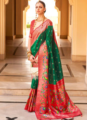 Woven Dark Green and Red PV-Silk Saree
