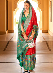 Woven Red and Dark Green PV-Silk Saree