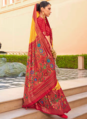 Woven Yellow and Red-Pink PV-Silk Saree