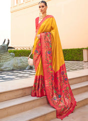 Woven Yellow and Red-Pink PV-Silk Saree