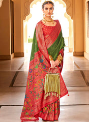 Woven Olive Green and Red PV-Silk Saree