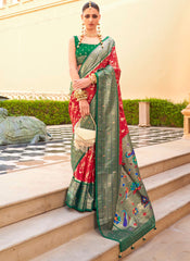 Woven Red and Dark Green PV-Silk Saree