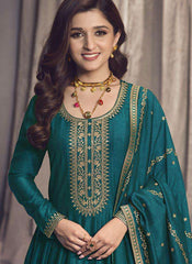 Teal Blue Heavy Zari Embroidery Work Bollywood Style Party Anarkali