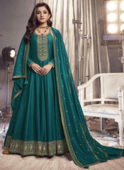 Teal Blue Heavy Zari Embroidery Work Bollywood Style Party Anarkali