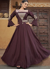 Dark Brown Heavy Muslin Embroidered Gown