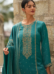 Blue Embroidered Georgette Satin Sharara/Palazzo Style Suit