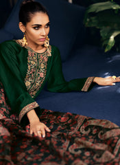 Dark Green Embroidered Mulsin Straight Cut Suit With Palazzo