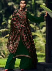 Dark Green Embroidered Mulsin Straight Cut Suit With Palazzo