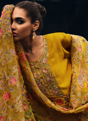 Yellow Embroidered Mulsin Straight Cut Suit With Palazzo