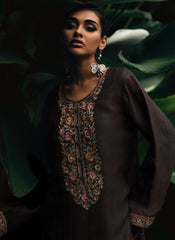 Dark Greyish Brown Embroidered Mulsin Straight Cut Suit With Palazzo