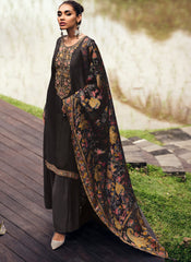 Dark Greyish Brown Embroidered Mulsin Straight Cut Suit With Palazzo