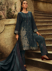 Greyish Blue Digital Printed Silk Woven Pakistani Style Suit