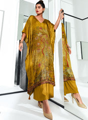 Yellow Digital Printed Gaji Silk Kaftan Suit