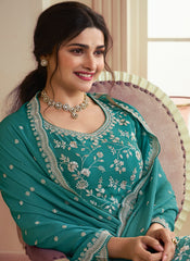 Firozi Multi-Embroidered Chinon Palazzo Style Suit Featuring Prachi Desai