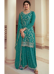 Firozi Multi-Embroidered Chinon Palazzo Style Suit Featuring Prachi Desai