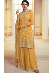 Yellow Multi-Embroidered Chinon Palazzo Style Suit Featuring Prachi Desai
