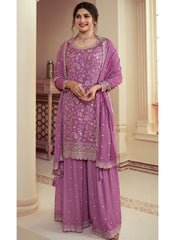 Purple Multi-Embroidered Chinon Palazzo Style Suit Featuring Prachi Desai