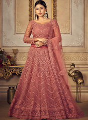 Mauve Pink Net Embroidered Lehenga Choli
