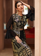 Black Sequence Embroidered Jacket Style Palazzo Suit