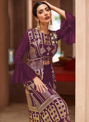 Wine Sequence Embroidered Jacket Style Palazzo Suit