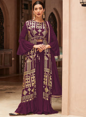 Wine Sequence Embroidered Jacket Style Palazzo Suit