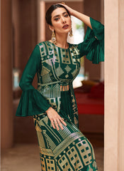 Dark Green Sequence Embroidered Jacket Style Palazzo Suit