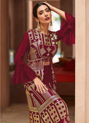 Maroon Sequence Embroidered Jacket Style Palazzo Suit