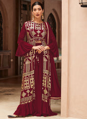 Maroon Sequence Embroidered Jacket Style Palazzo Suit