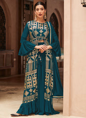 Teal Sequence Embroidered Jacket Style Palazzo Suit