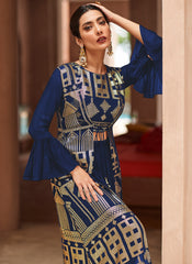 Blue Sequence Embroidered Jacket Style Palazzo Suit