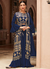 Blue Sequence Embroidered Jacket Style Palazzo Suit