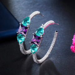 Top Quality Green Purple Stone Cubic Zirconia Silver Plated Big Hoop Earrings